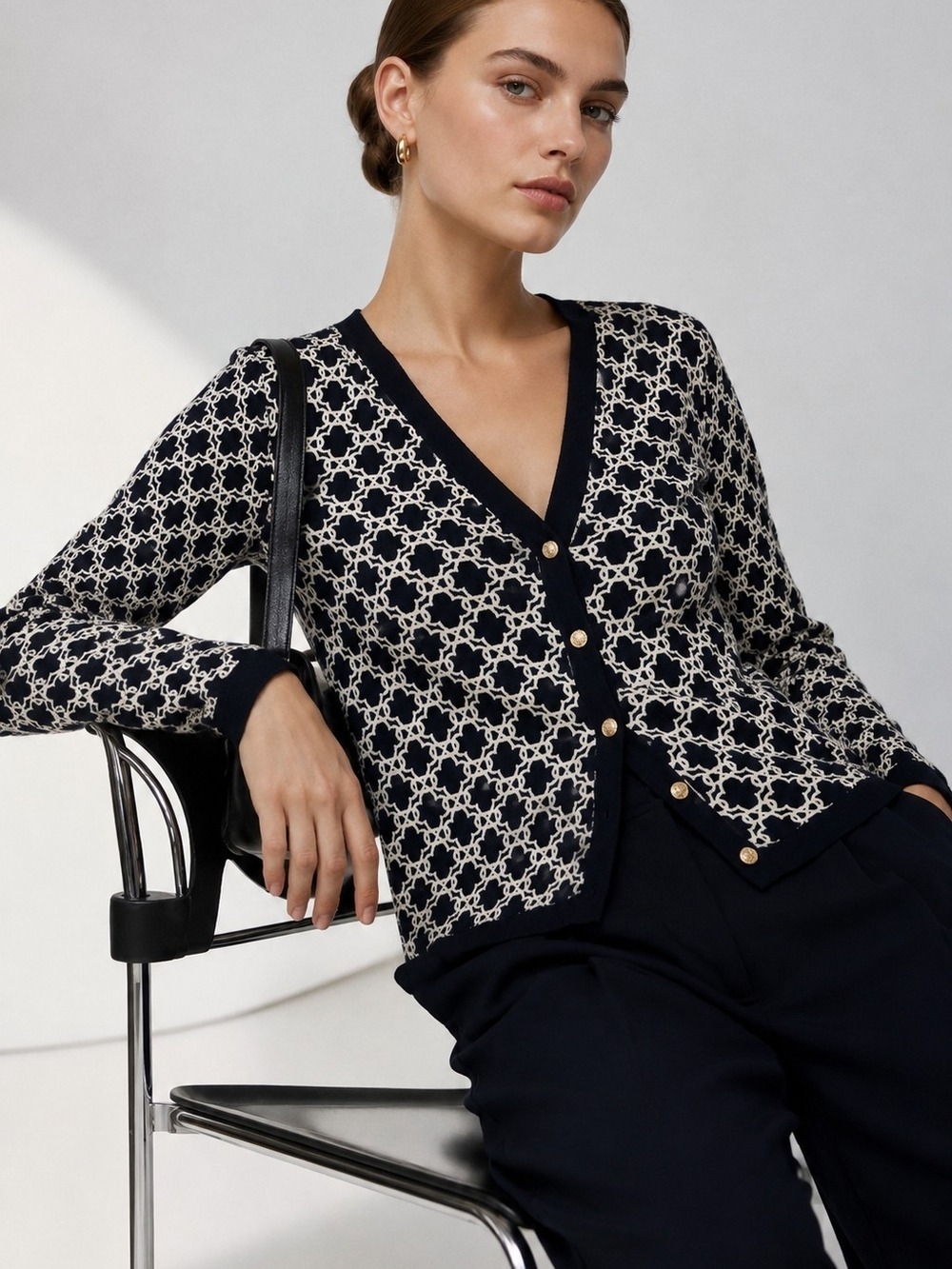 Jones New York Signature Cardigan Sweater S Navy/White Geometric Knit Preppy